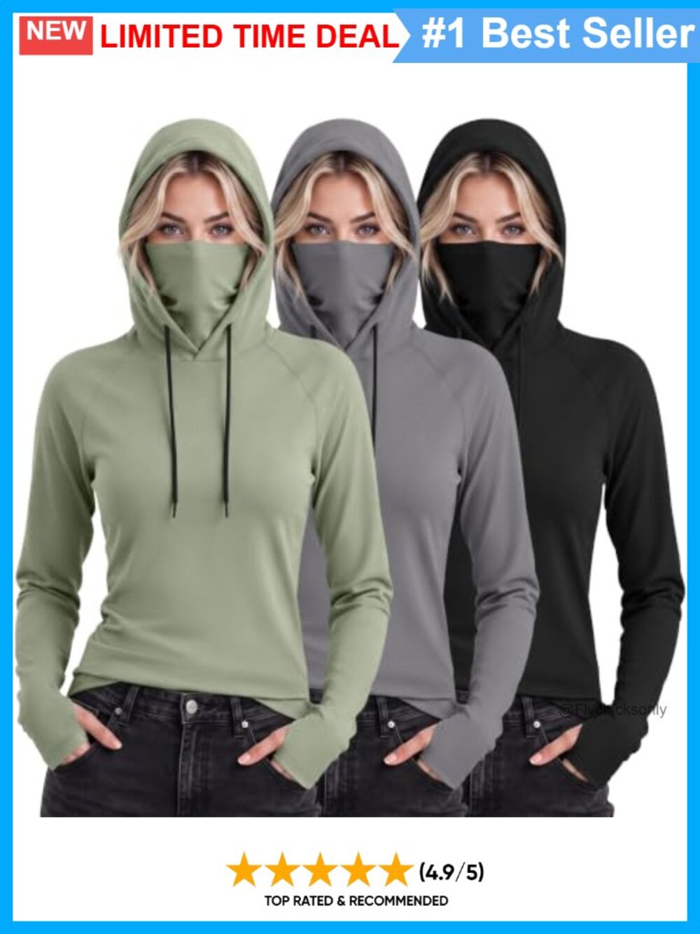 3 Pack Womens Athletic Hoodies Face Mask Thumb Holes Pullover Activewear